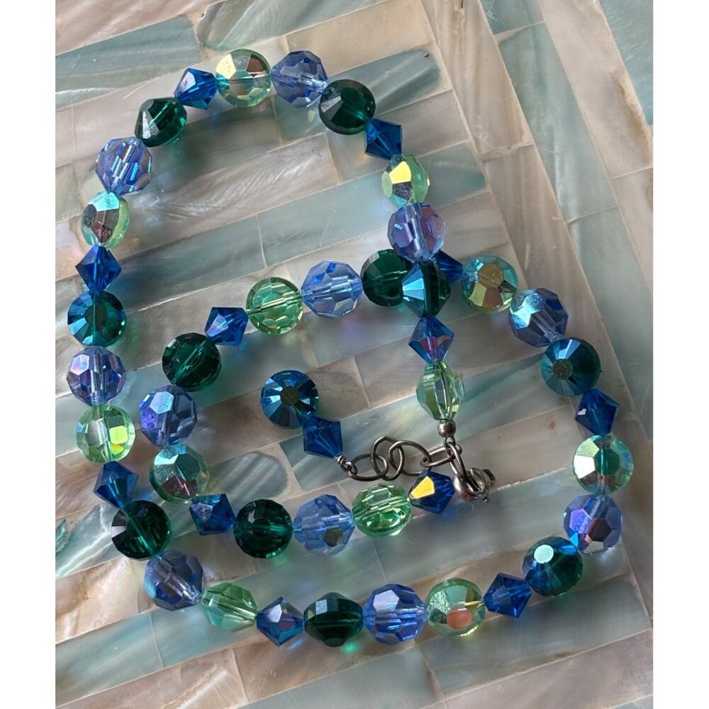 Sterling Silver AB Crystal Necklace Blue & Green Faceted Brilliant Beads Vintage - Picture 5 of 9